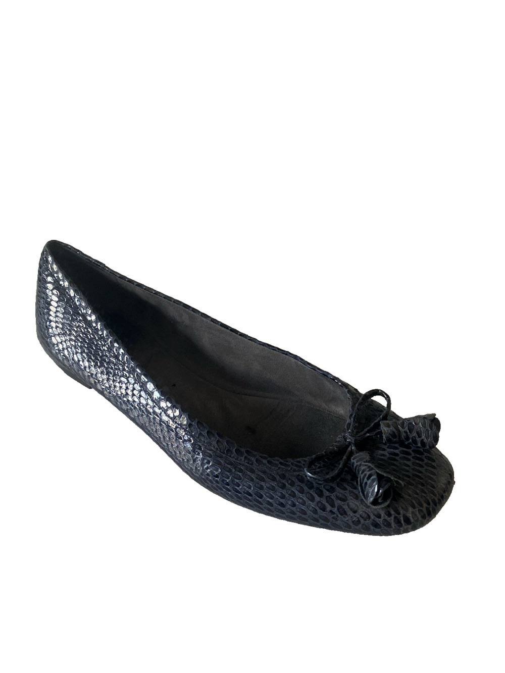 Stuart Weitzman Tulip Bow Snake Embossed Flat Navy Blue Square Toe Tassel 11 M